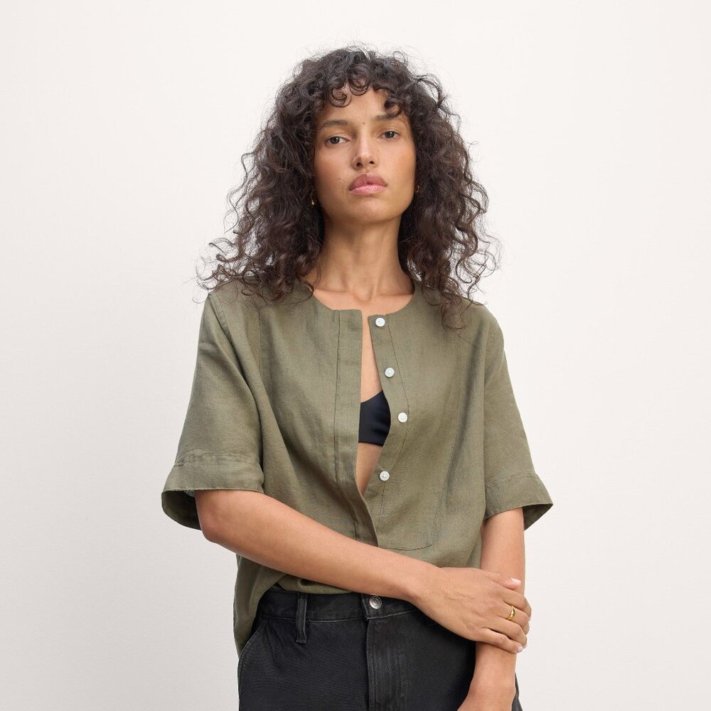 Everlane Women's Bib Shirt in Linen in Olive, Size Extra Small